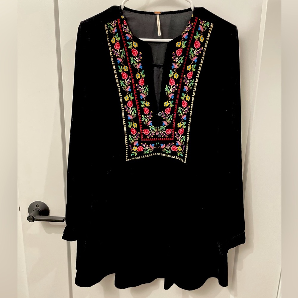 Free People Always Forever Black Velvet Embroidered Tunic Dress Size Small